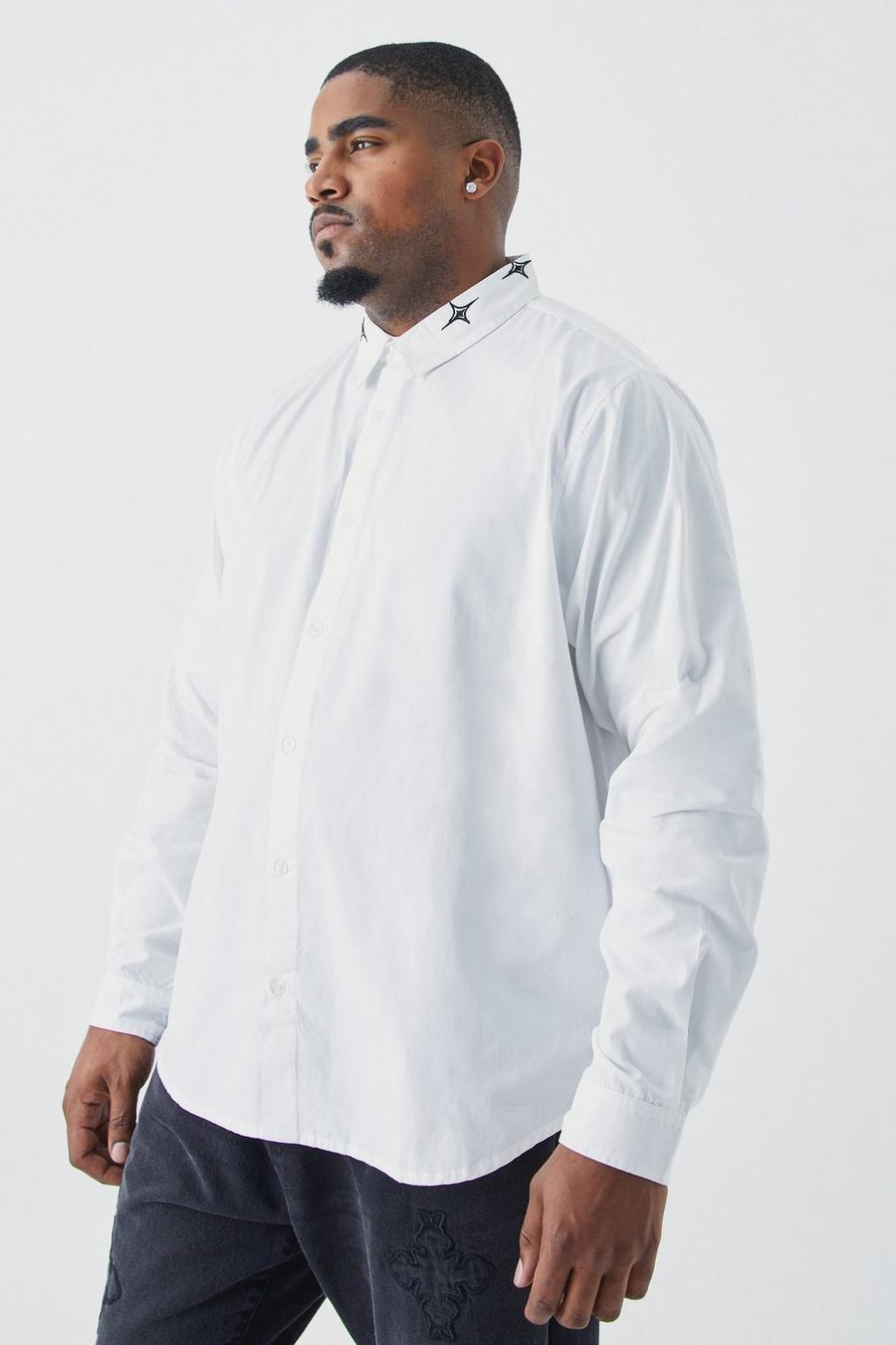 Camisa Plus de popelina con bordado de emblema en el cuello, White