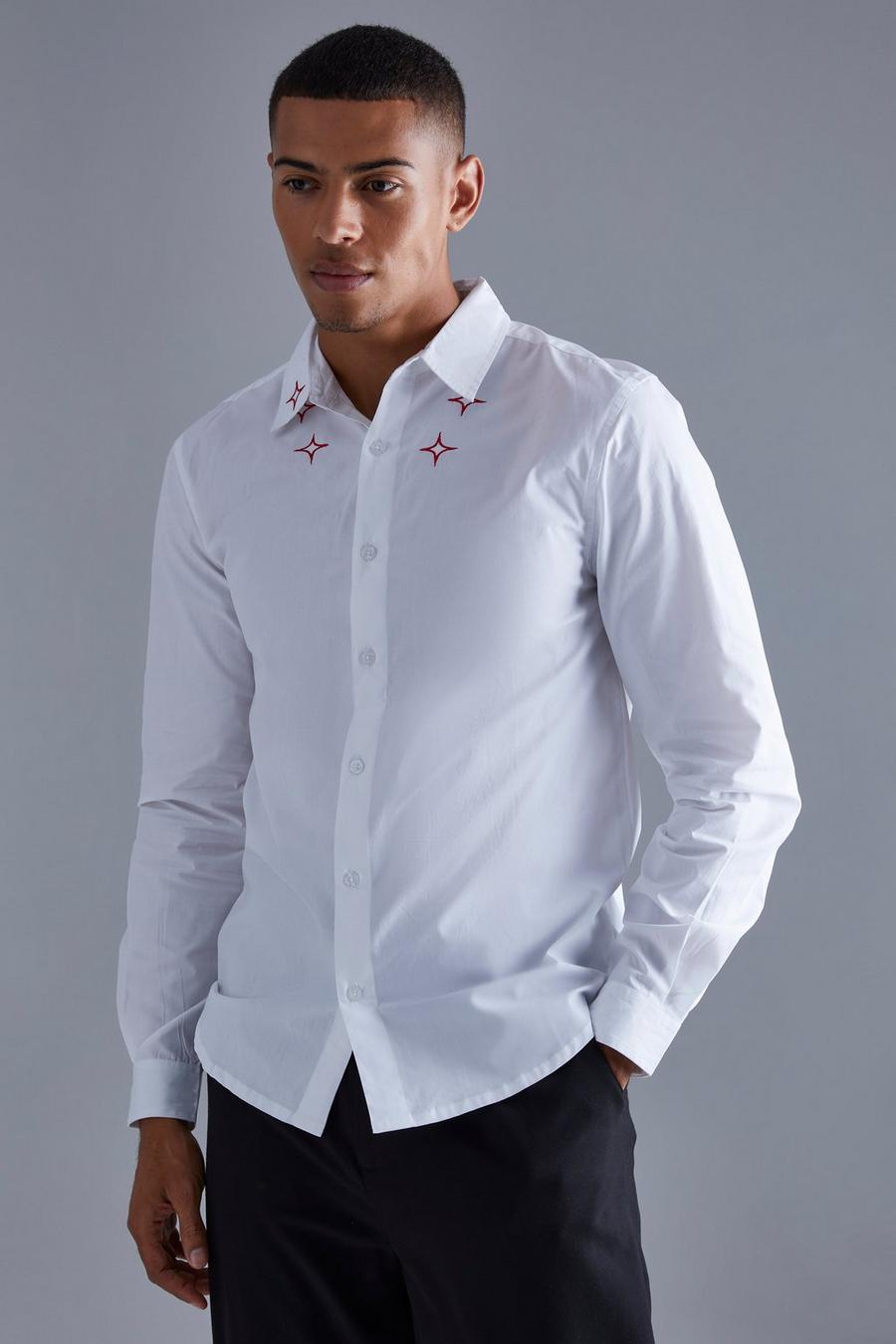 Camisa de manga larga y popelina con bordado en el cuello, White