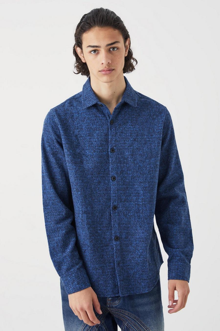 Blue Wollen Melton Overhemd Met Knopen