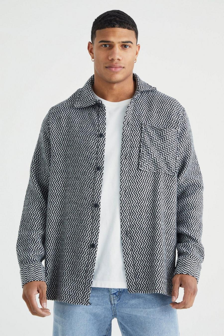 Grey Textured Wool Look Patterned Overshirt