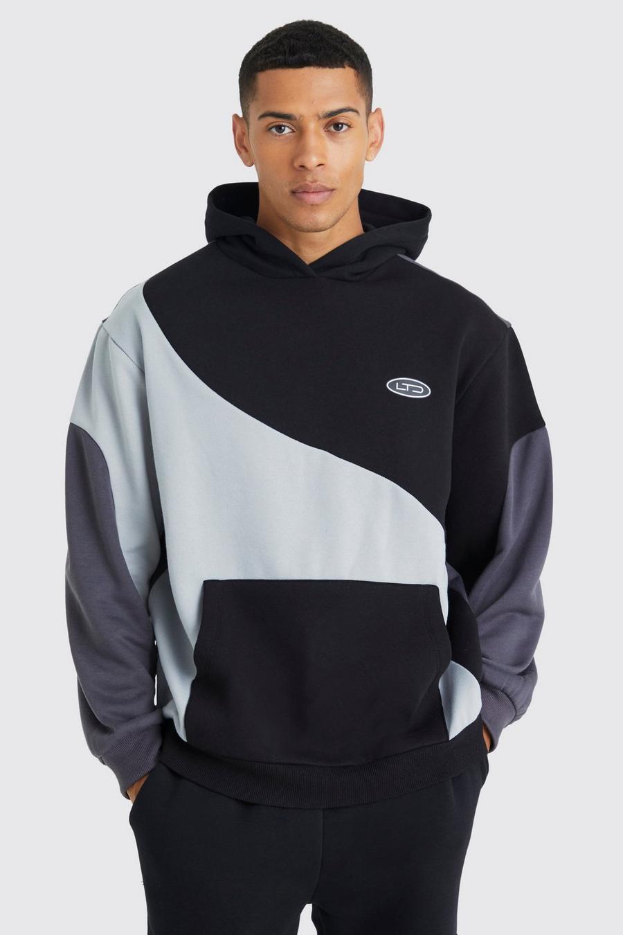 Black Oversized Curved Colour Block Hoodie