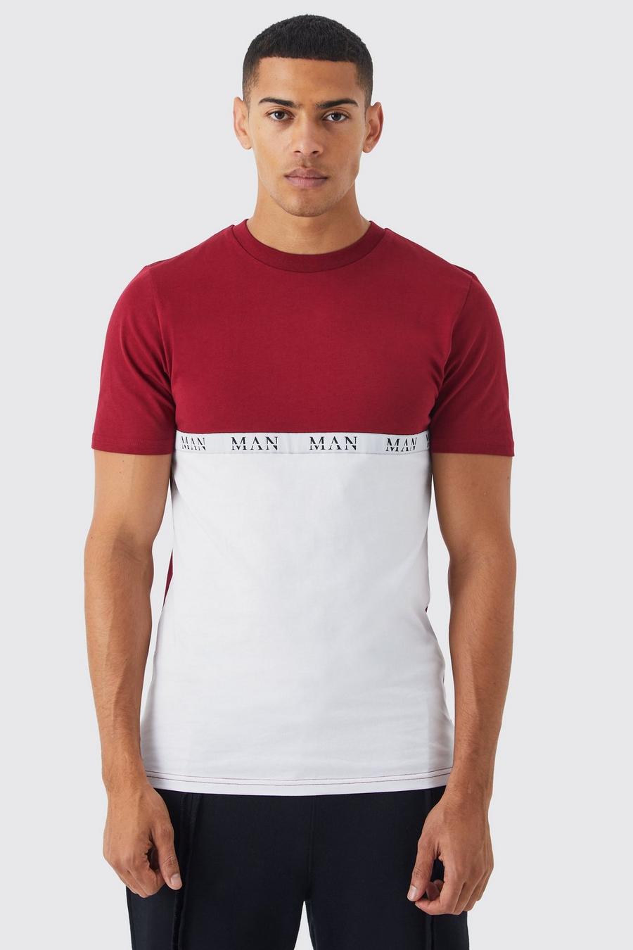 Camiseta ajustada con colores en bloque y cinta, Burgundy