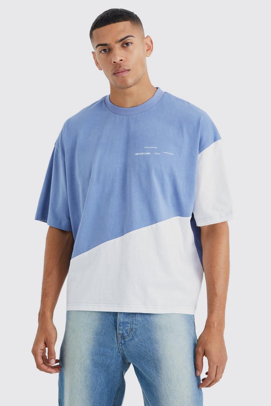 Slate blue Oversized Boxy Diagonal Colour Block T-shirt image number 1