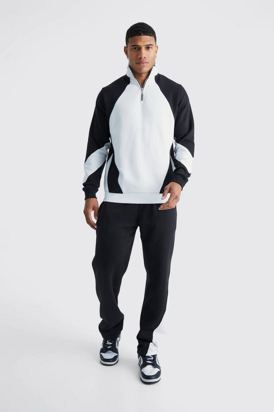 Colorblock Sweatshirt-Trainingsanzug mit Trichterkragen und 1/4 Reißverschluss, Black