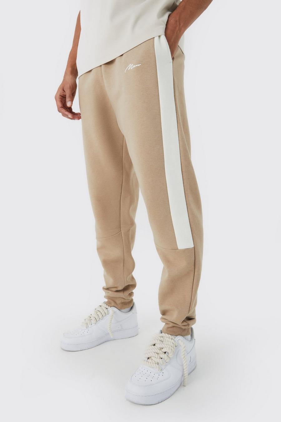 Taupe Colour Block Half Tape Joggers image number 1