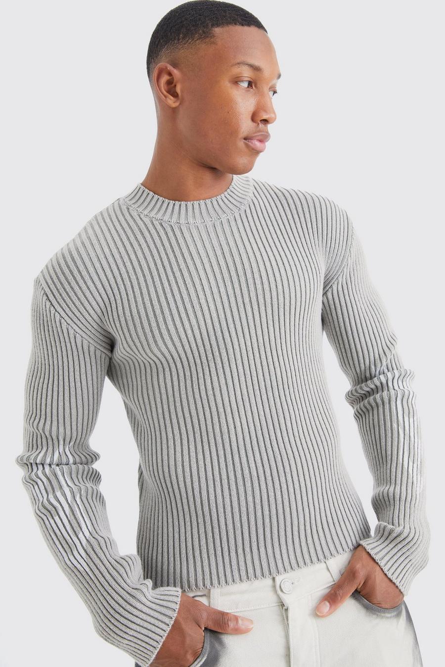 Gerippter Muscle-Fit Strickpullover mit Acid-Waschung, Stone