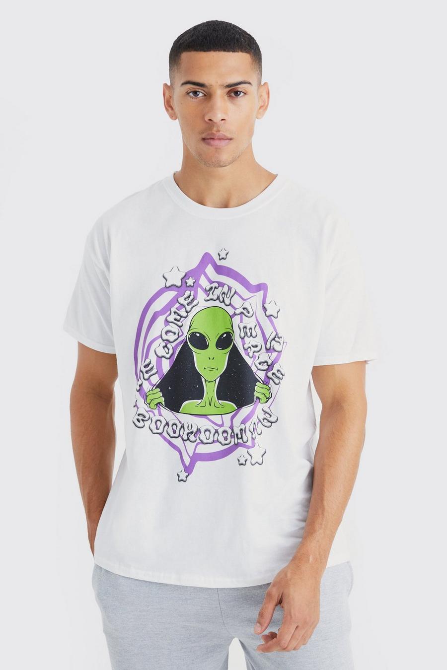 T-shirt oversize con grafica di alieno, White image number 1