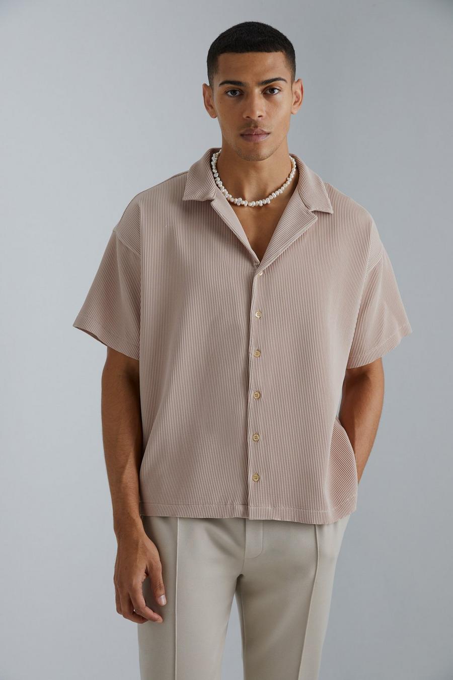 Taupe Pleated Short Sleeve Oversized Boxy Shirt