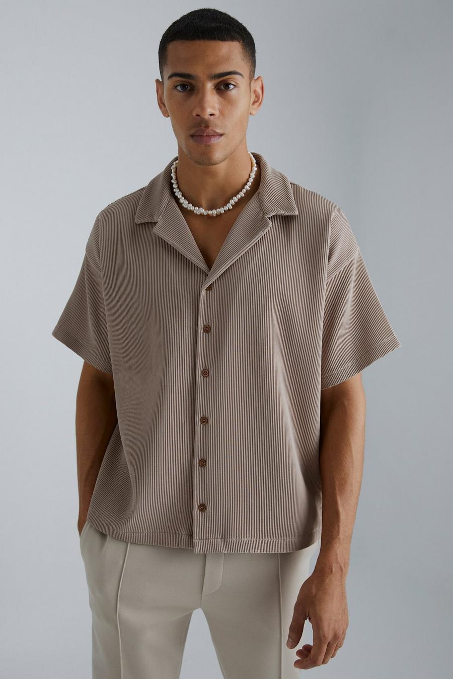 Mocha Pleated Short Sleeve Oversized Boxy Shirt