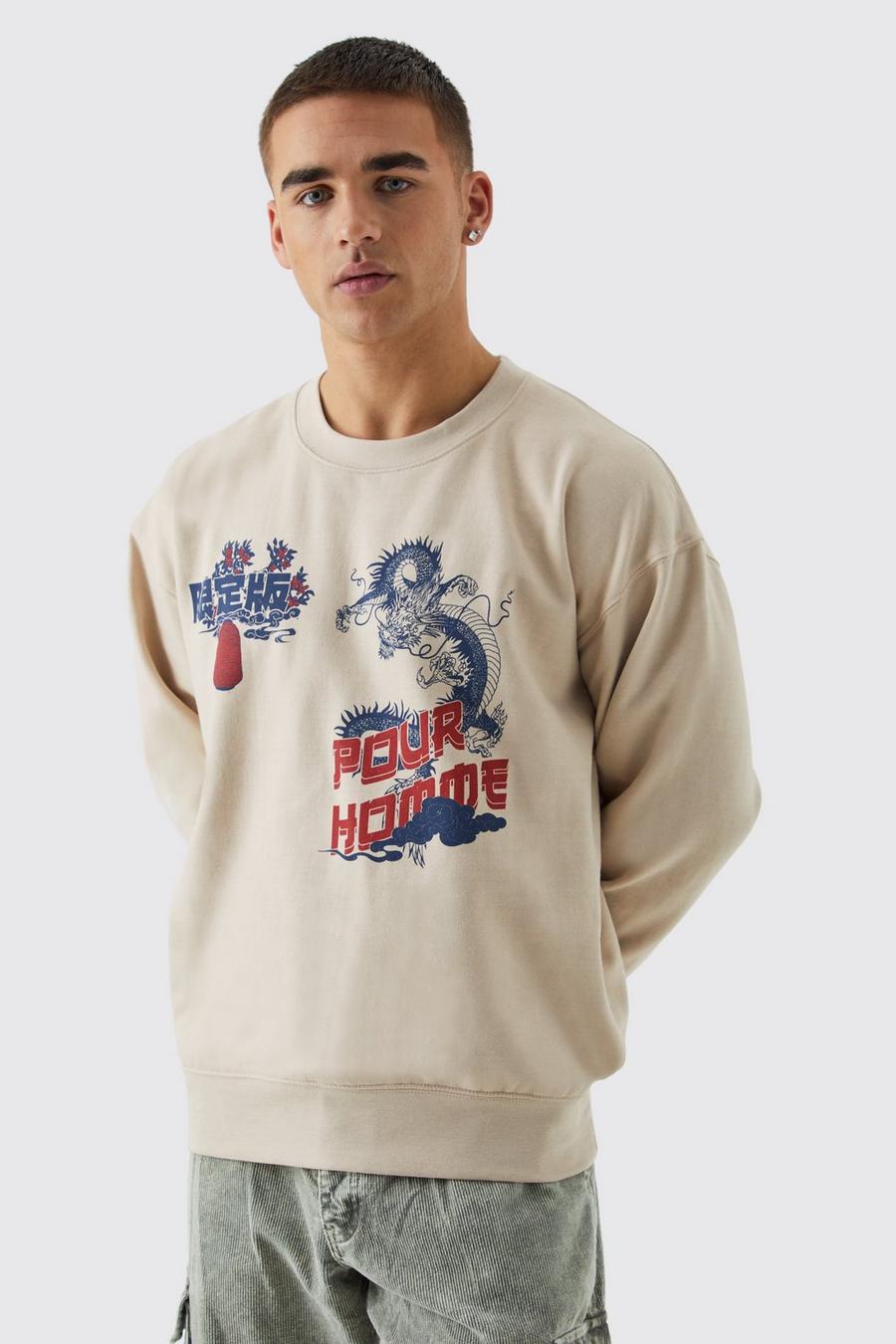 Oversize Sweatshirt mit Pour Homme Drachen Print, Sand