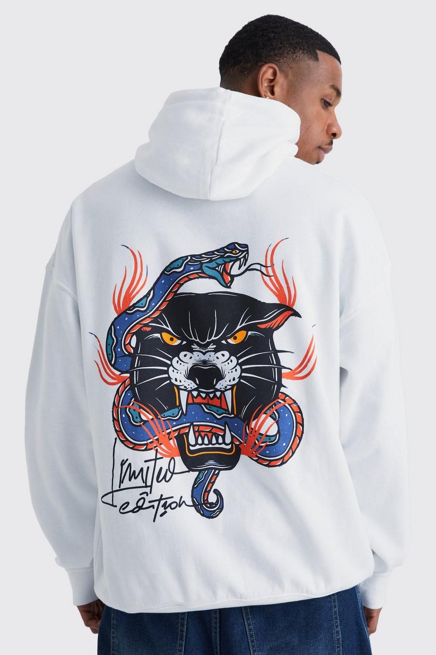 White Oversized Panther Snake Graphic Hoodie