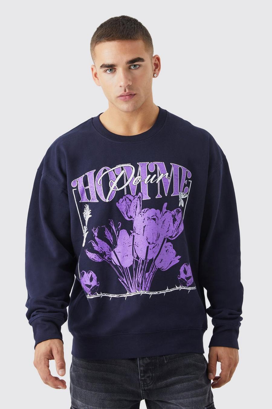 Sweatshirt mit floralem Homme Print, Navy