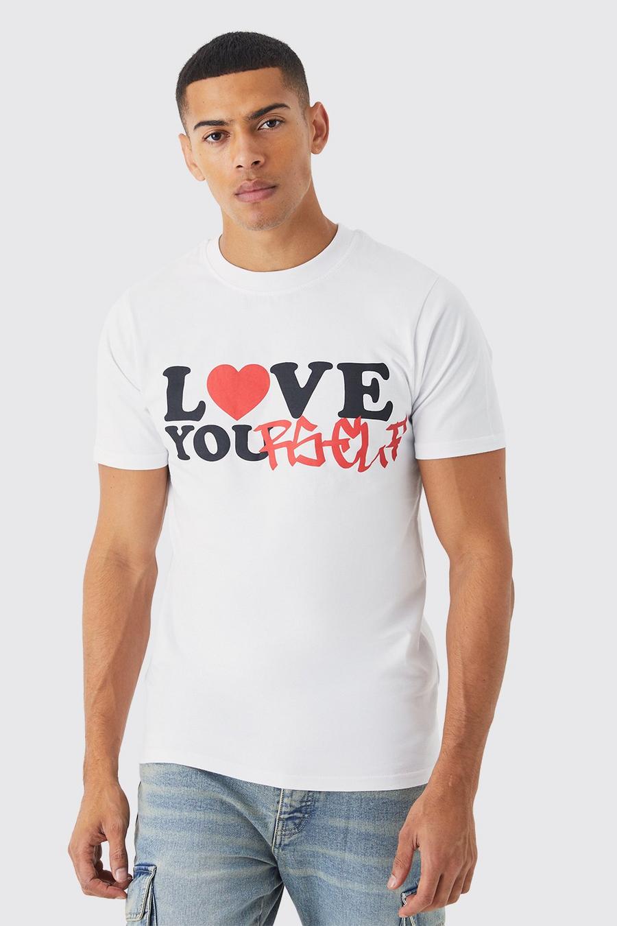 White Slim Fit Love Yourself T-Shirt Met Print