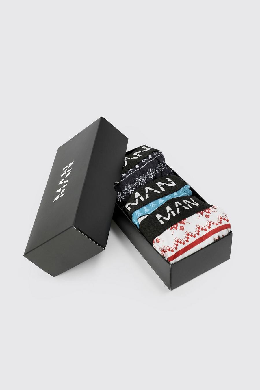 Pack de 3 bóxers navideños con grecas en caja de regalo, Multi