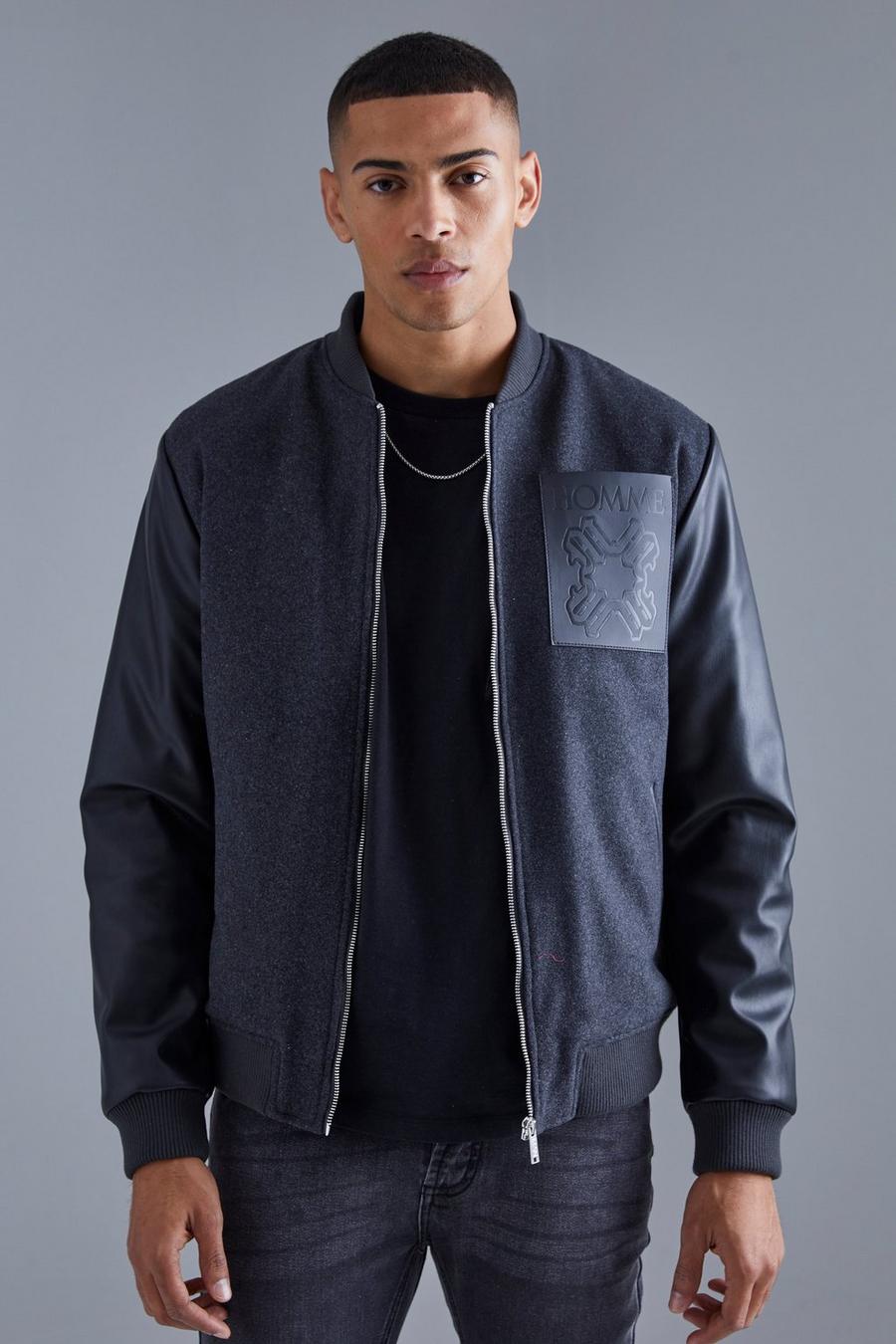 Giacca Bomber Regular Fit in melton & PU con toppe, Black