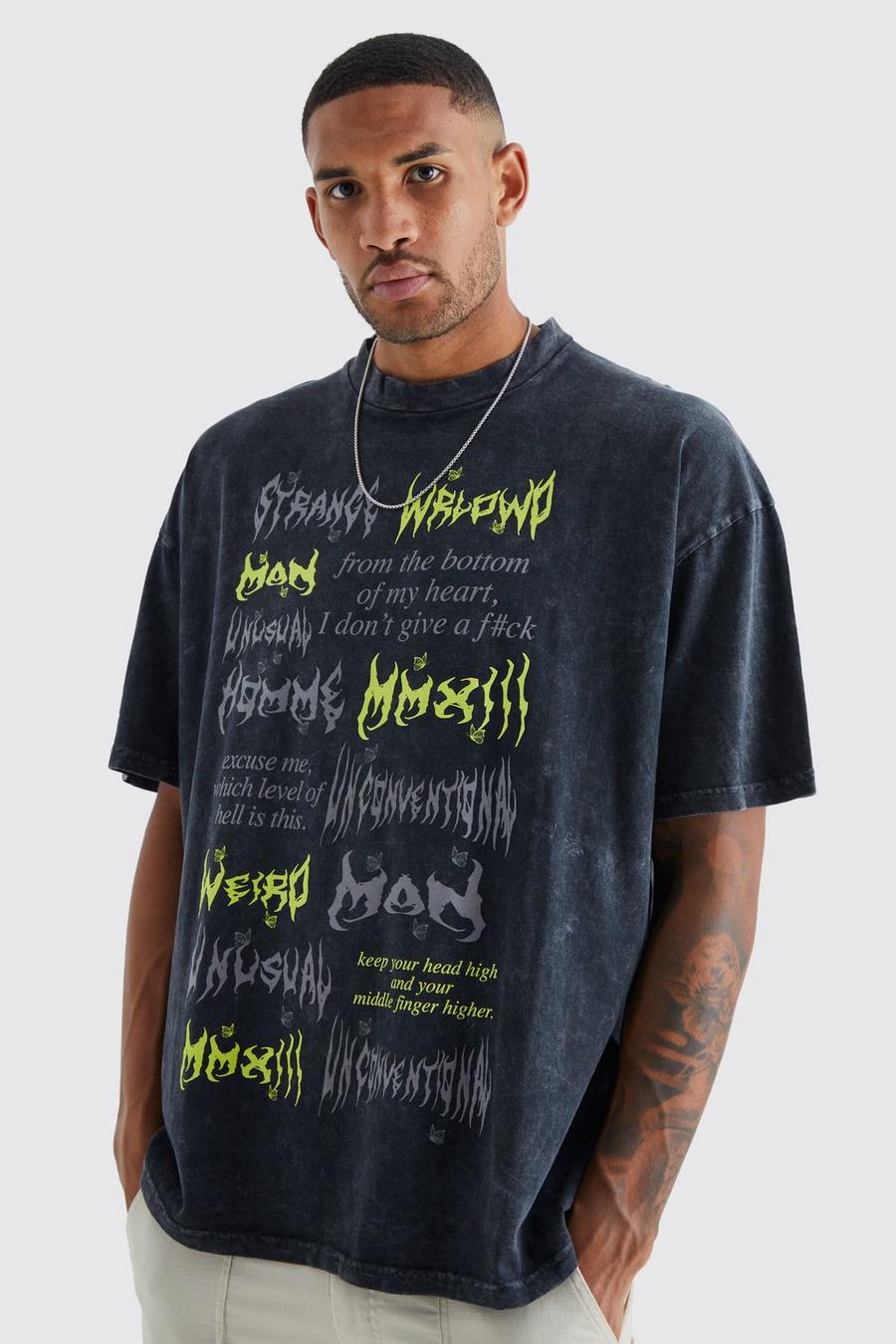 Black Tall Oversized Gothic Text Acid Wash T-shirt image number 1