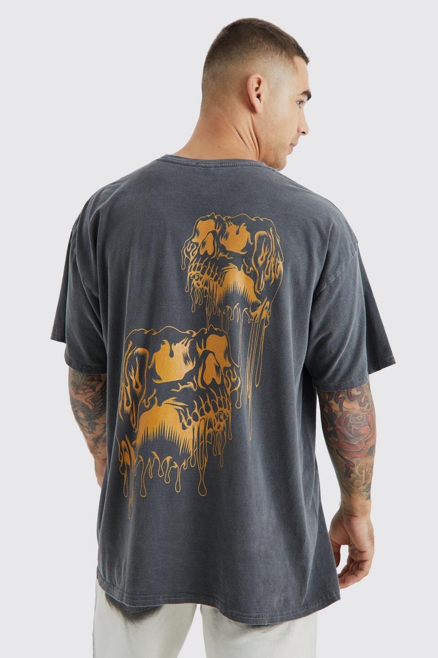 Camiseta oversize con estampado gráfico de calavera desteñido, Charcoal
