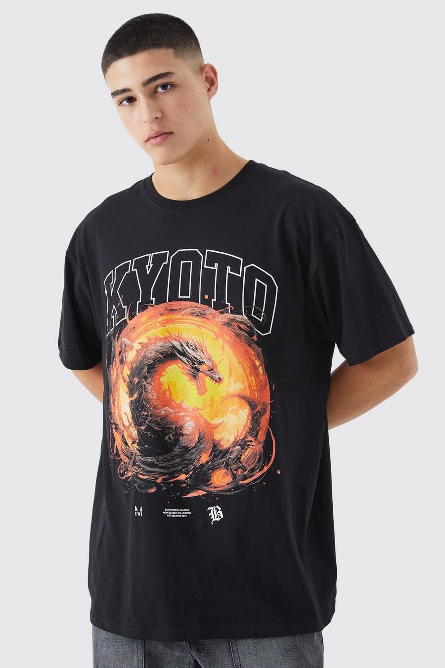 T-shirt oversize con grafica di drago, Black image number 1