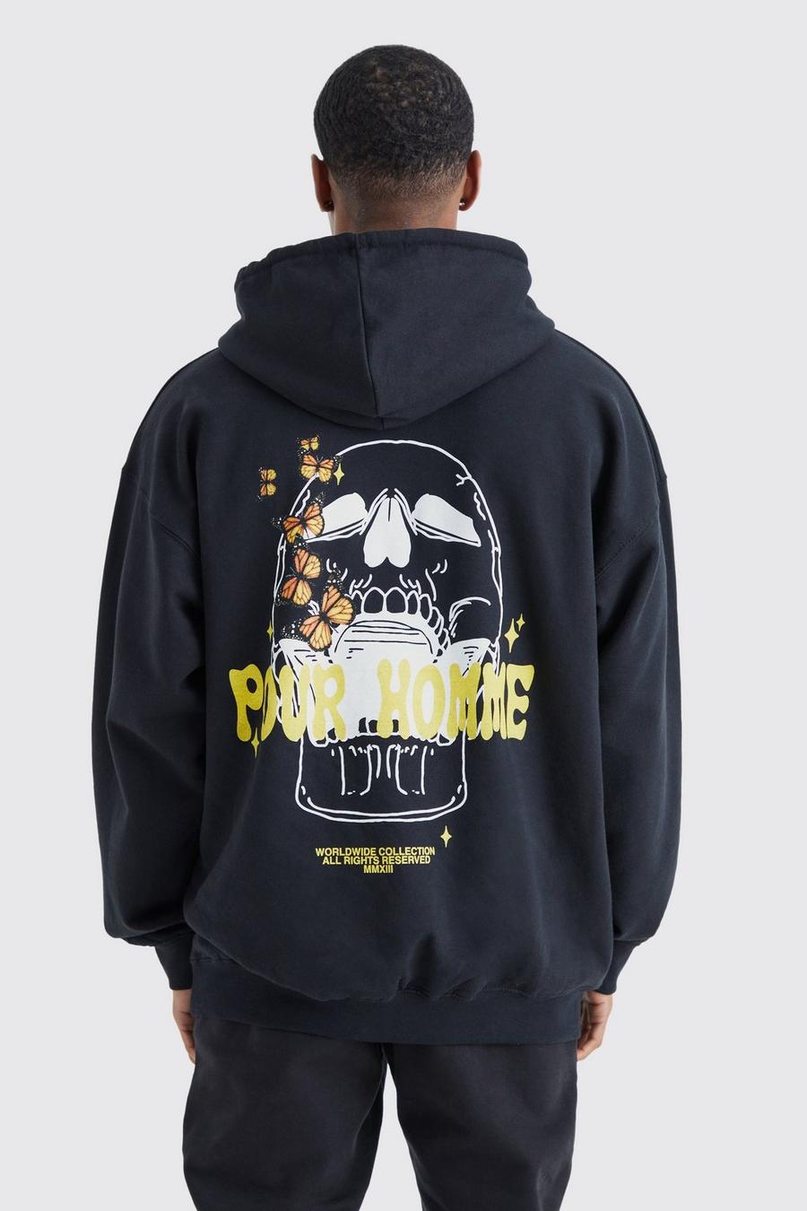 Black Oversized Pour Homme Skull Graphic Hoodie