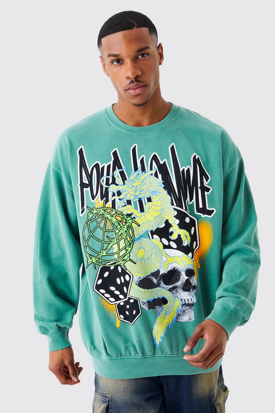 Green Oversized Pour Homme Wash Graphic Sweatshirt 