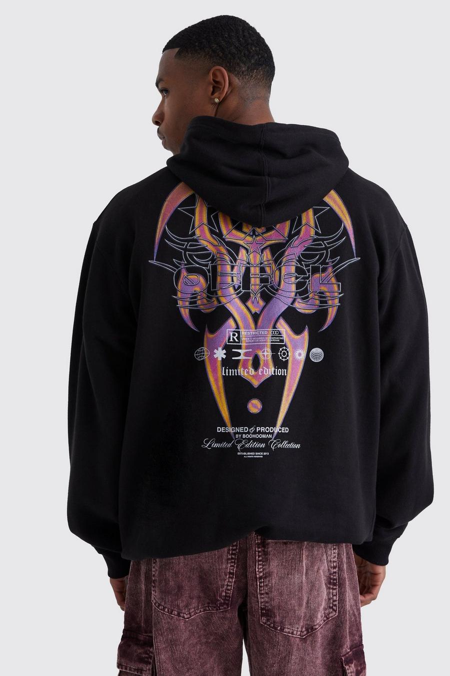 Black Oversized Gothic Back Print Graphic Hoodie