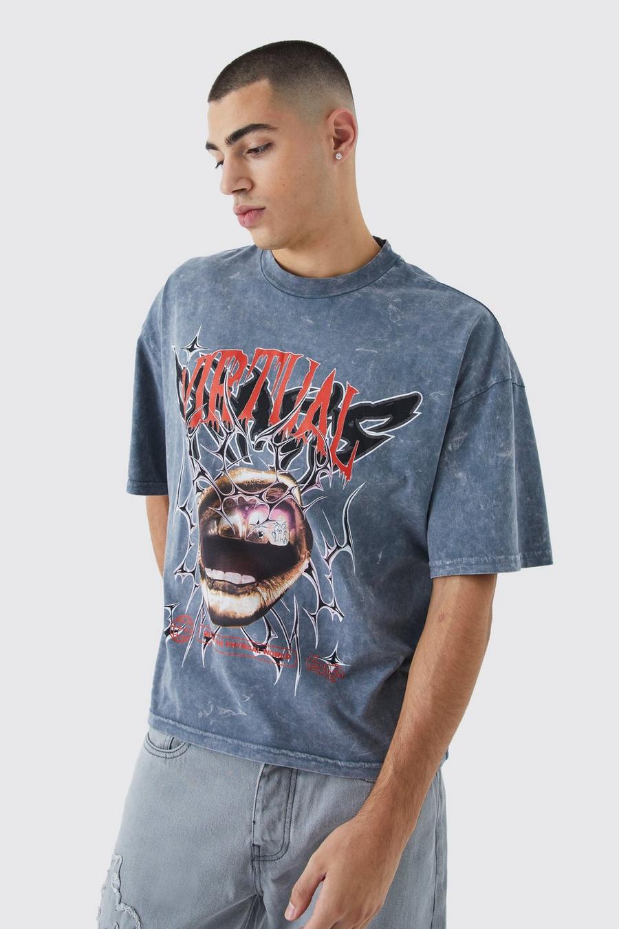 Kastiges Oversize T-Shirt mit Print, Charcoal