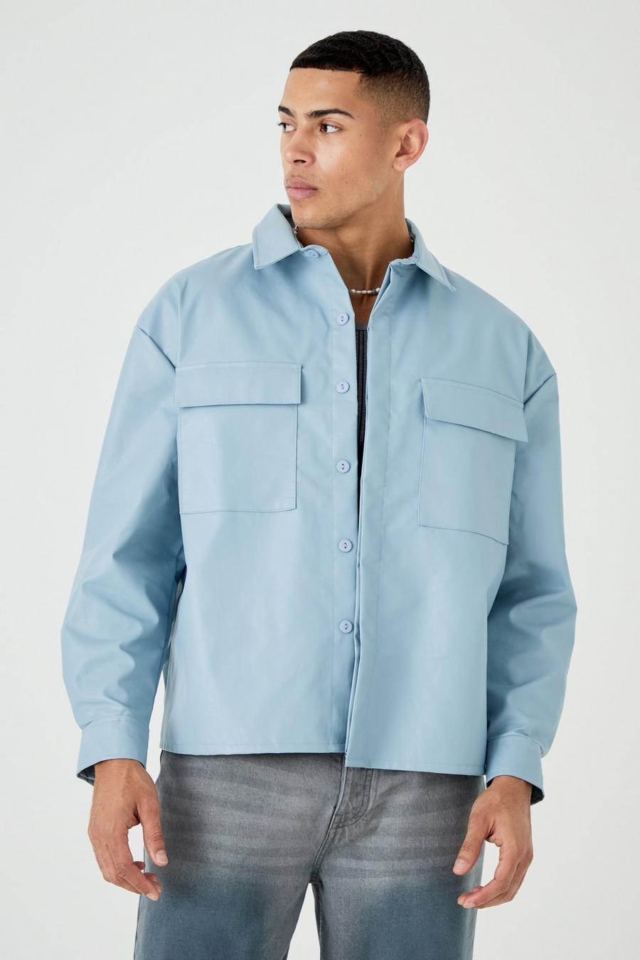 Langärmliges kastiges Oversize PU-Hemd, Blue