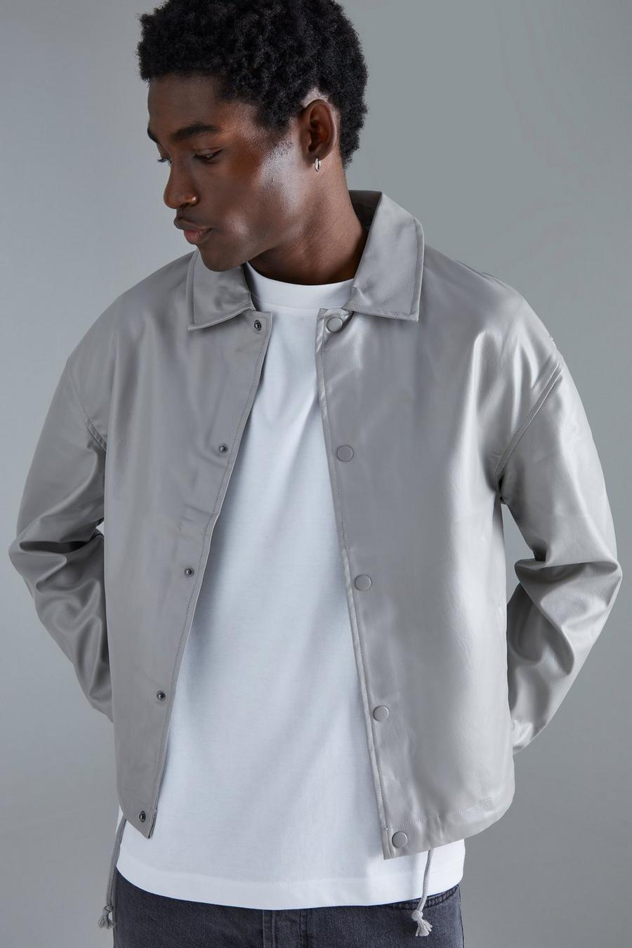 Langärmliges kastiges PU-Overshirt mit Druckknöpfen, Light grey