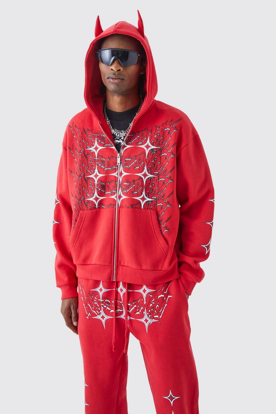 Red Oversized Boxy Grunge Zip Through Ear Hooded Tracksuit