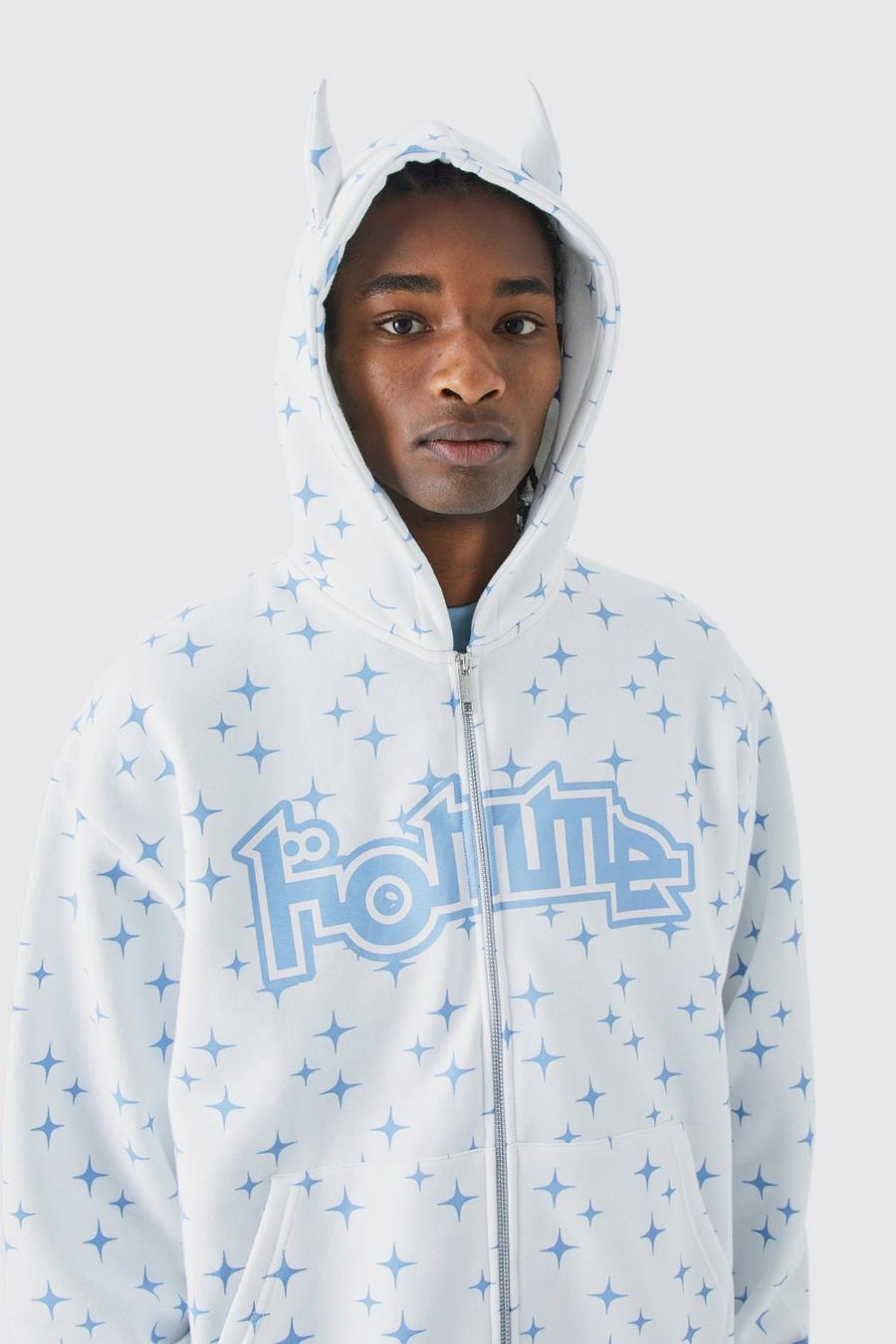 White Oversized Boxy Homme Zip Through Ear Hoodie
