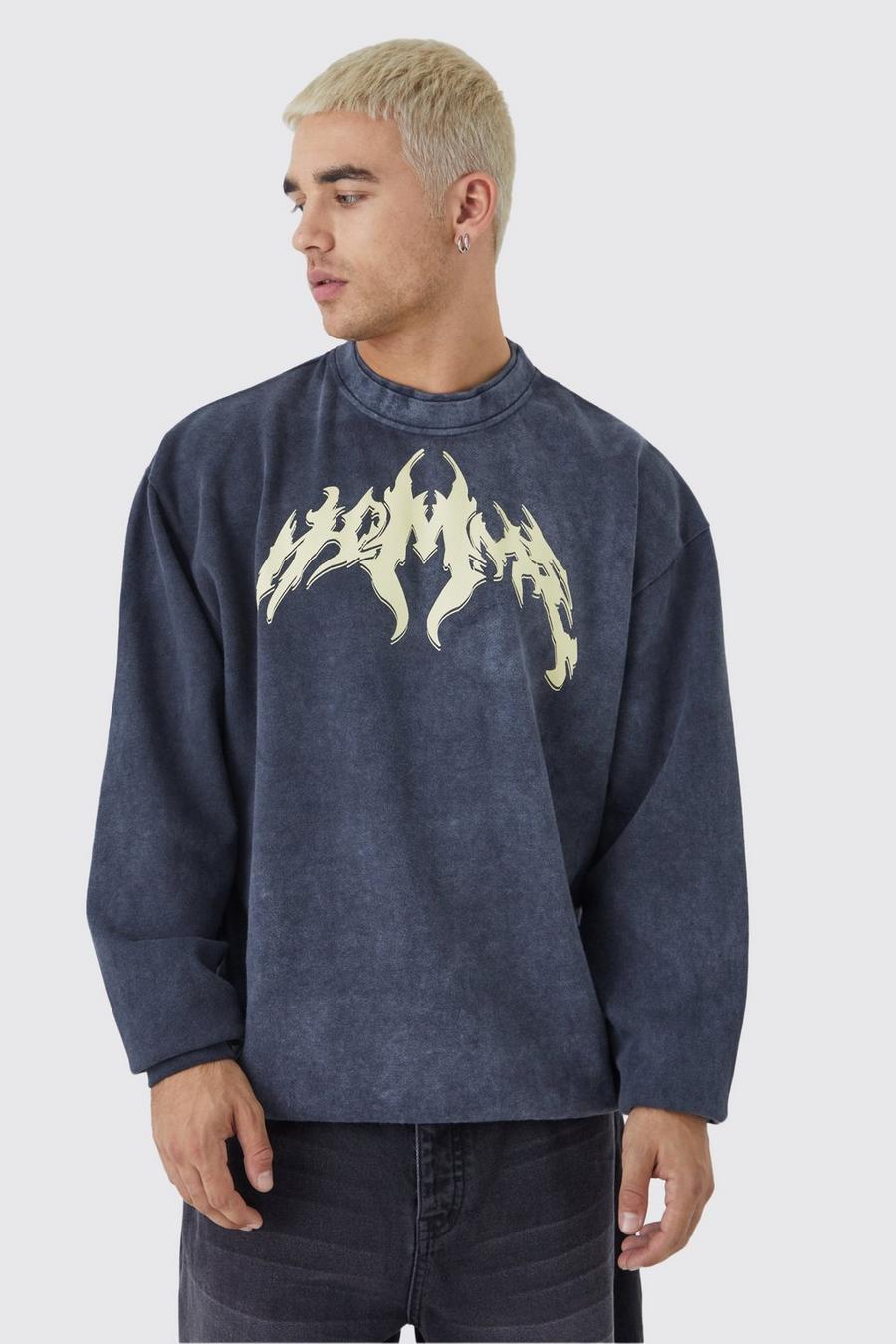 Charcoal Oversized Washed Heavy Printed Sweatshirt