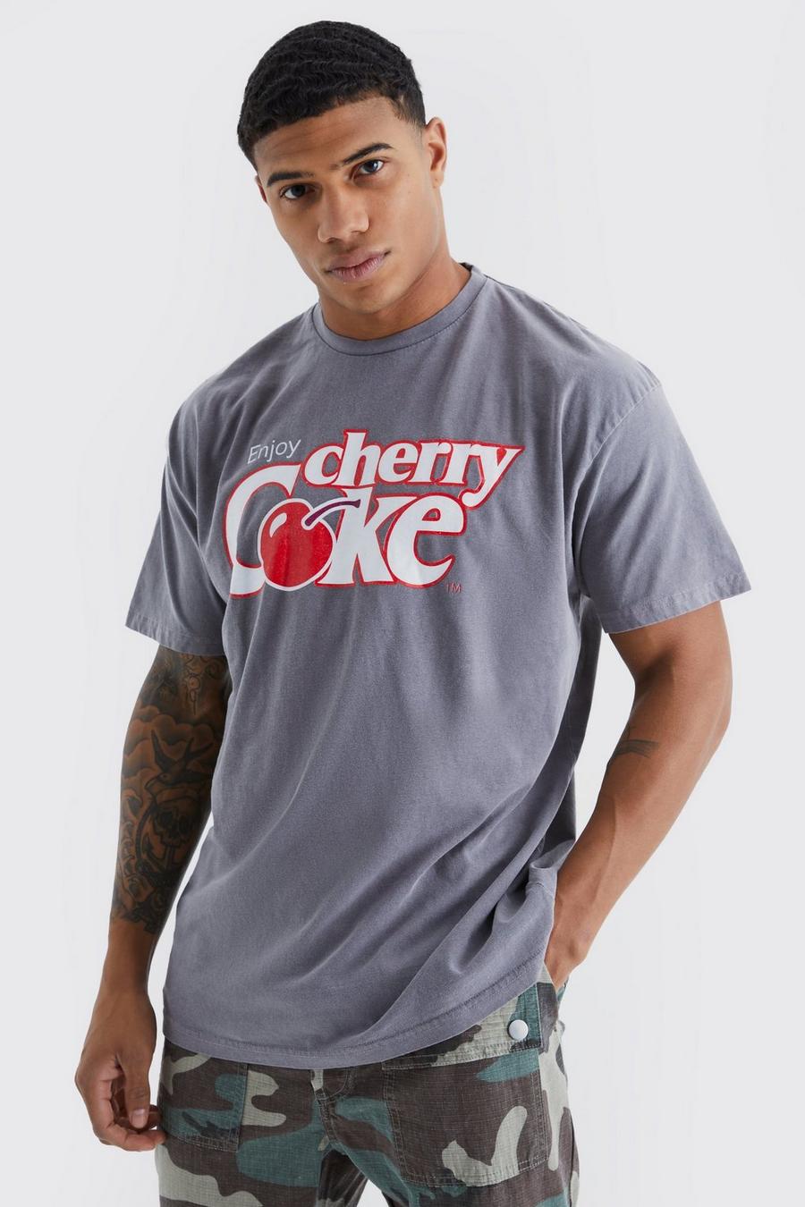 Camiseta oversize con lavado a la piedra y estampado de cerezas y Coca-Cola, Charcoal