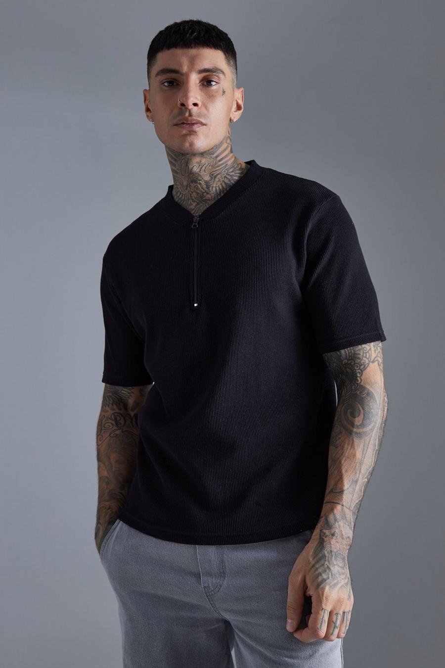 Slim-Fit Poloshirt in Waffeloptik, Black