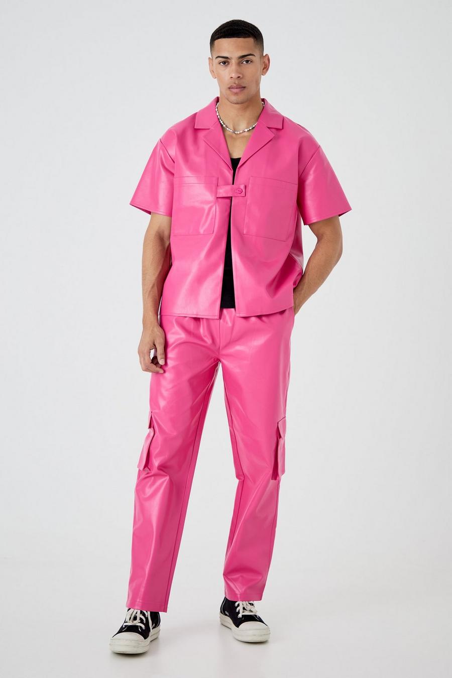 Pink Boxy PU Overhemd Met Korte Mouwen, Knopen En Revers Kraag En Broek Set