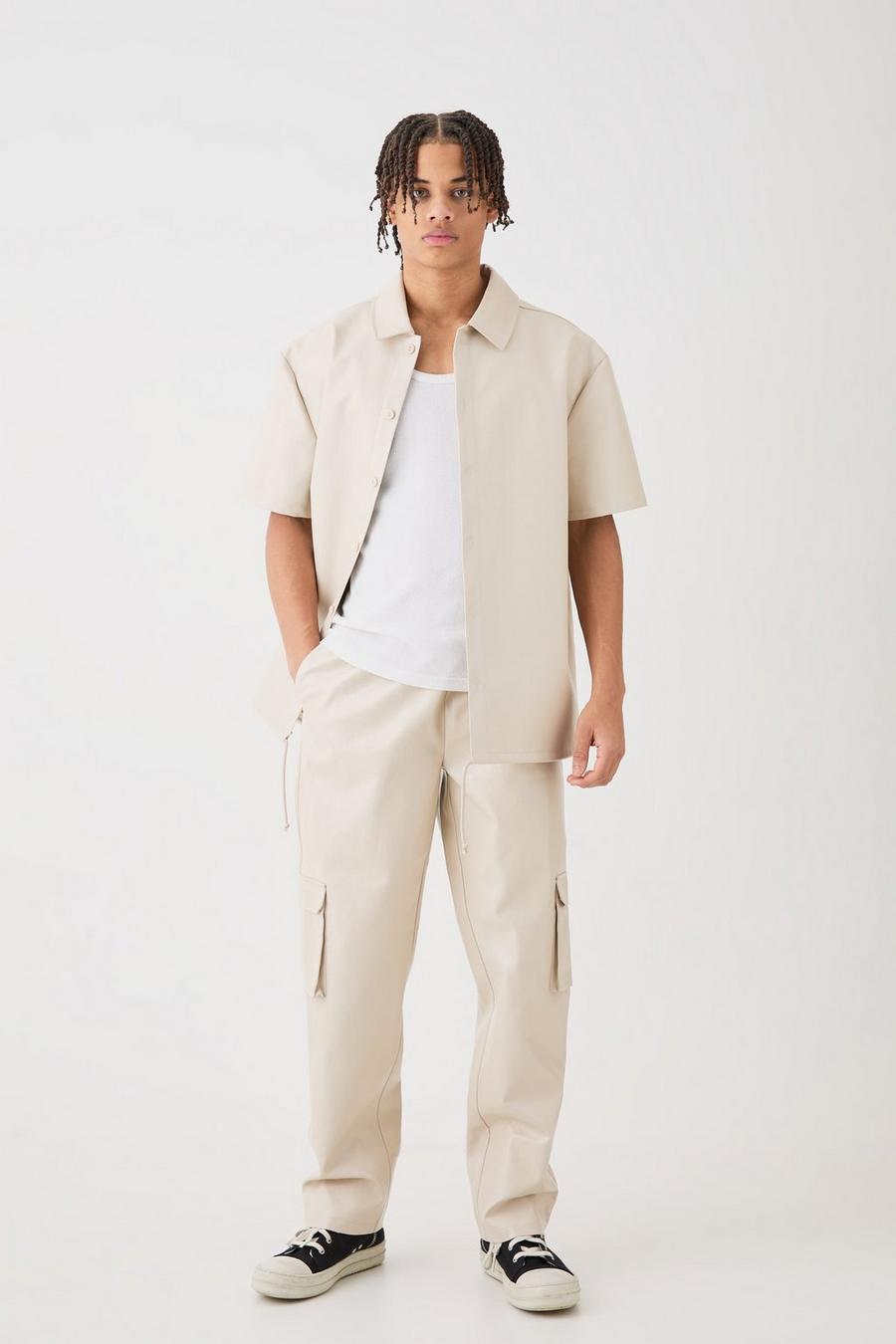 Beige Short Sleeve Drop Shoulder Pu Overshirt & Cargo Trouser Set