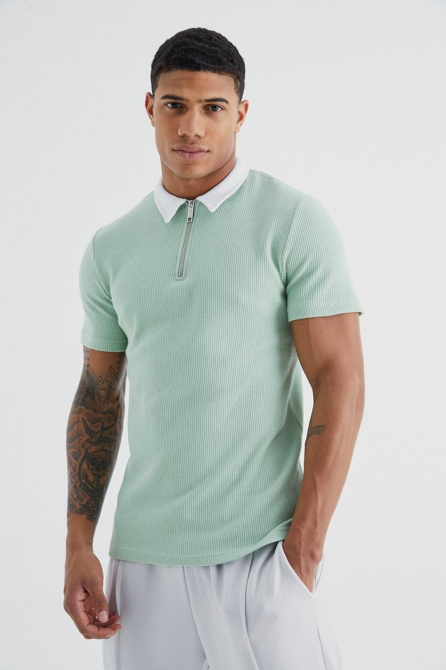 Sage Short Sleeve Muscle Fit Waffle Polo