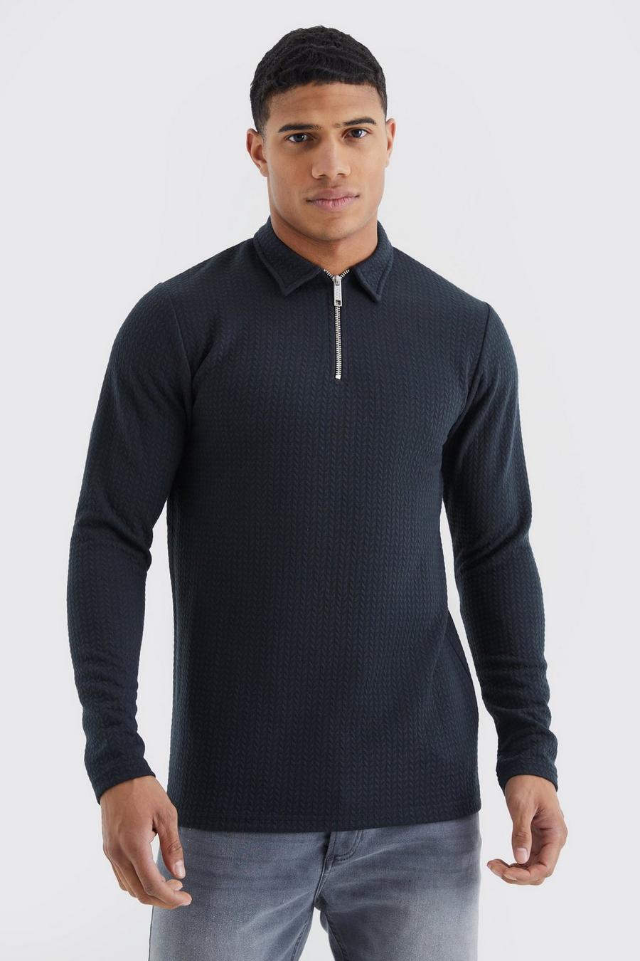 Langärmliges strukturiertes Slim-Fit Zopfmuster-Poloshirt, Black
