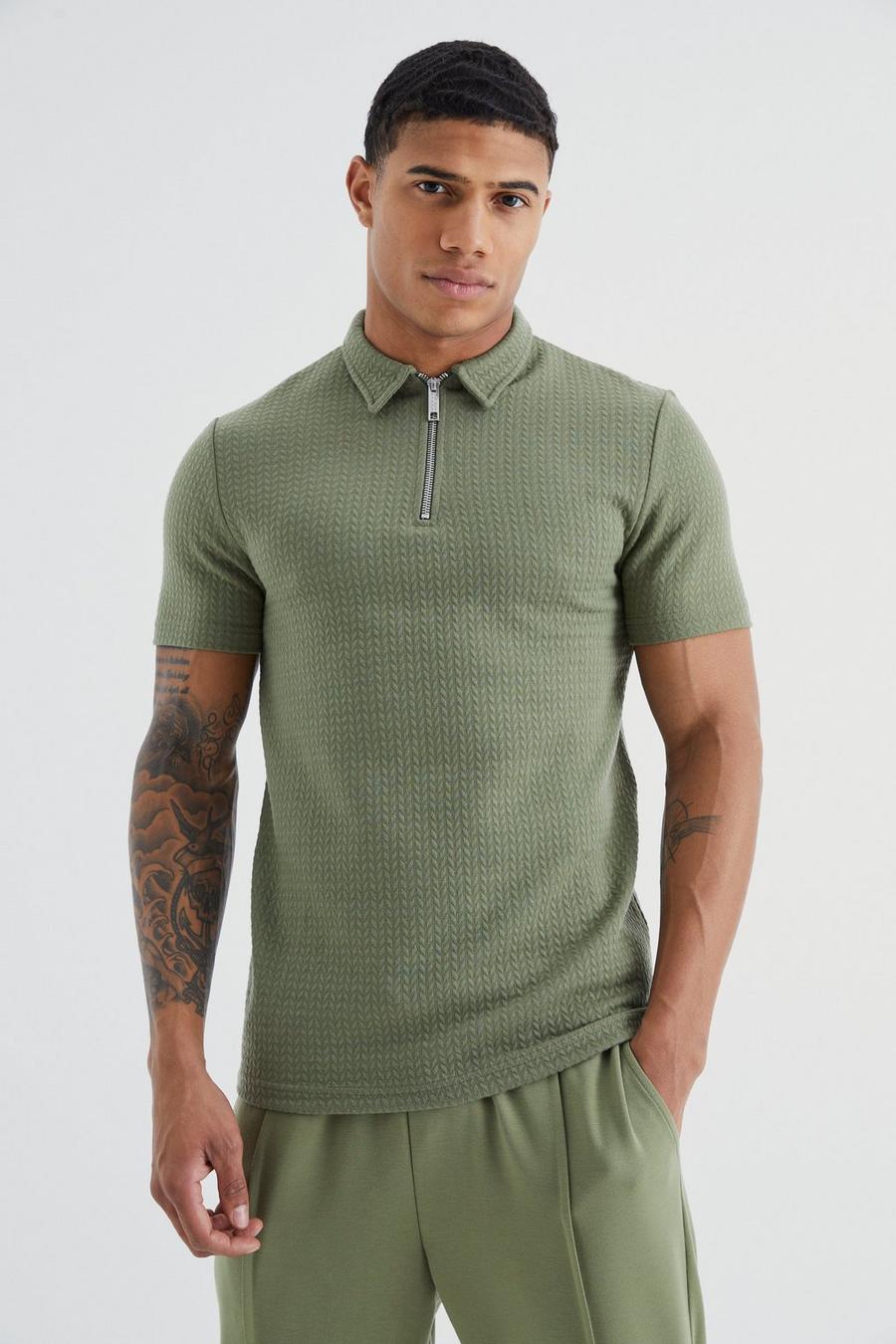 Olive Short Sleeve Muscle Cable Textured Polo