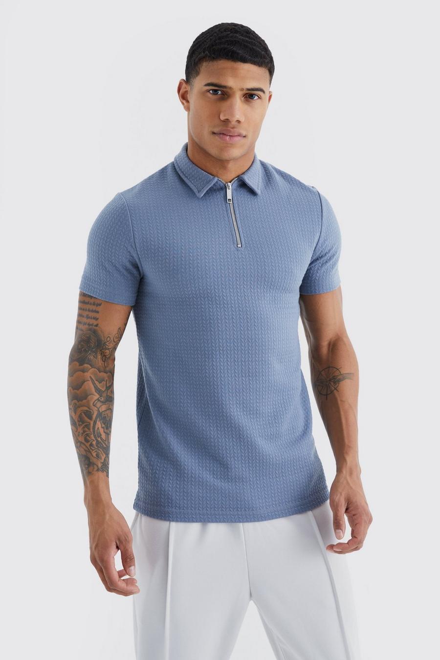 Kurzärmliges Muscle-Fit Jacquard Poloshirt, Slate blue image number 1