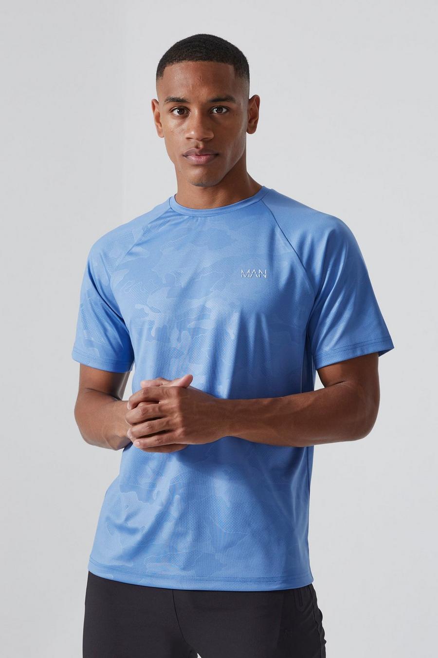 T-shirt Man Active per alta performance in fantasia militare con maniche raglan, Dusty blue