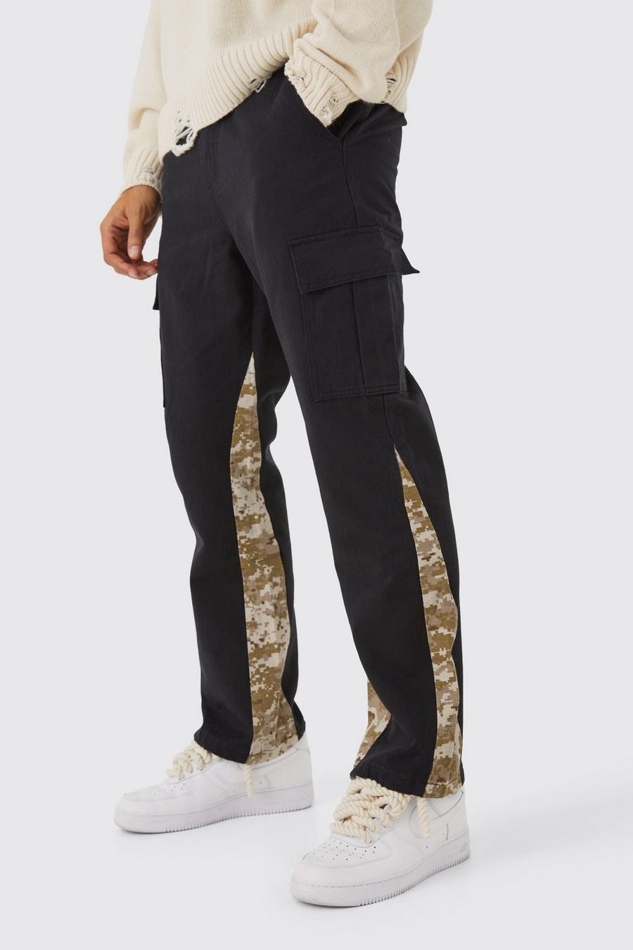 Black Straight leg Flared Camo Gusset Cargo Trouser image number 1