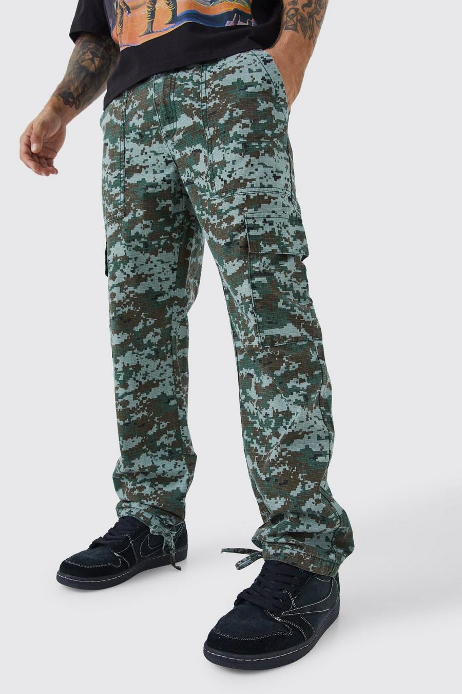 Pantaloni dritti in fantasia militare con laccetti sul fondo, Khaki
