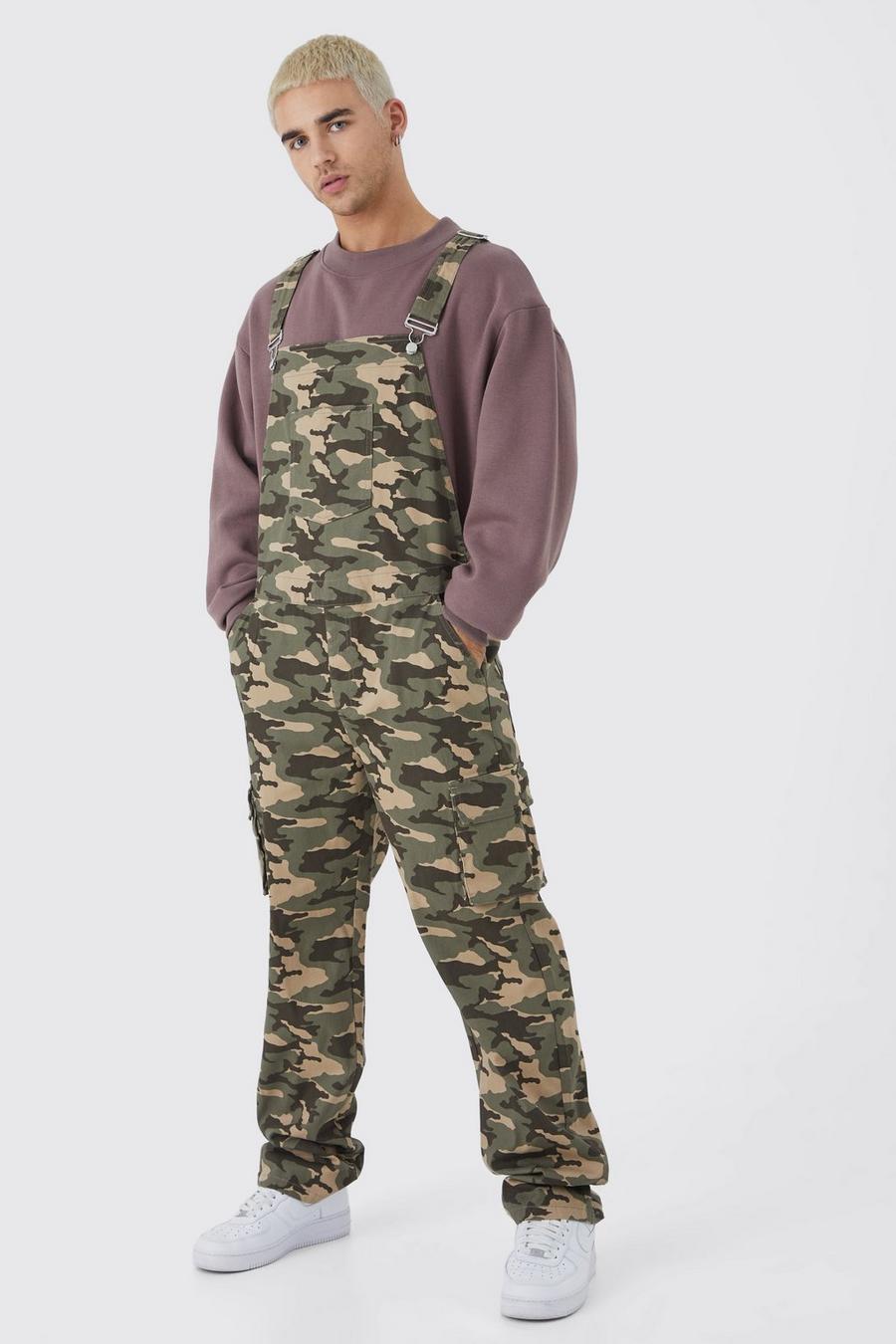 Khaki Kamouflagemönstrad dungaree med fickor