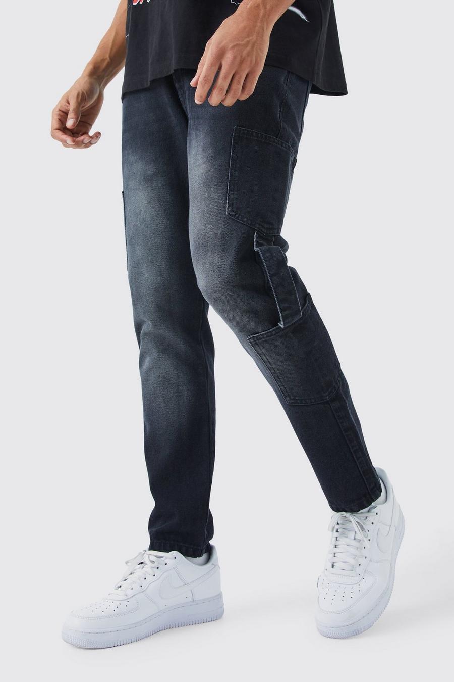 Jeans affusolati in denim rigido con strappi e spalline stile Cargo, Washed black