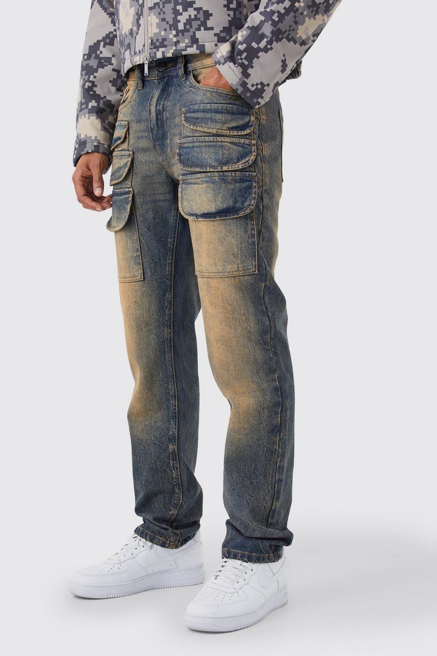 Jeans Cargo dritti in denim rigido colorato con strappi, Antique wash