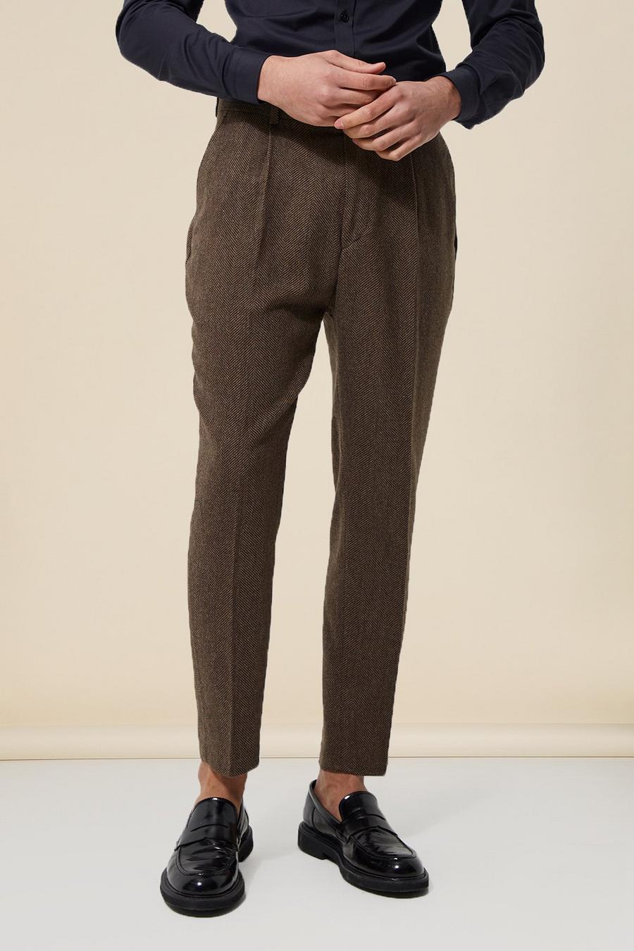 Brown Tapered Fit Herringbone Suit Trousers image number 1