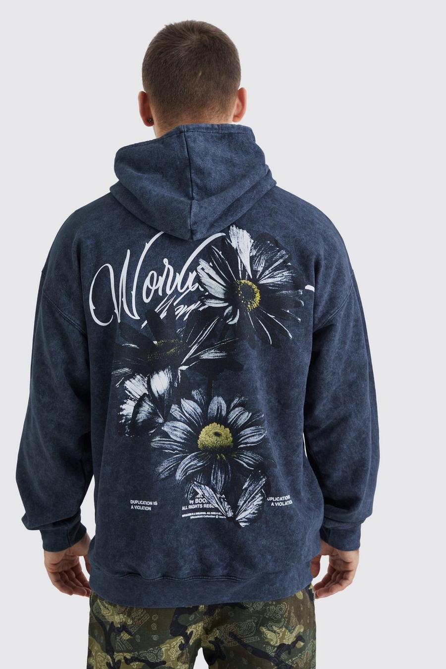 Black Oversized Floral Graphic Wash Hoodie