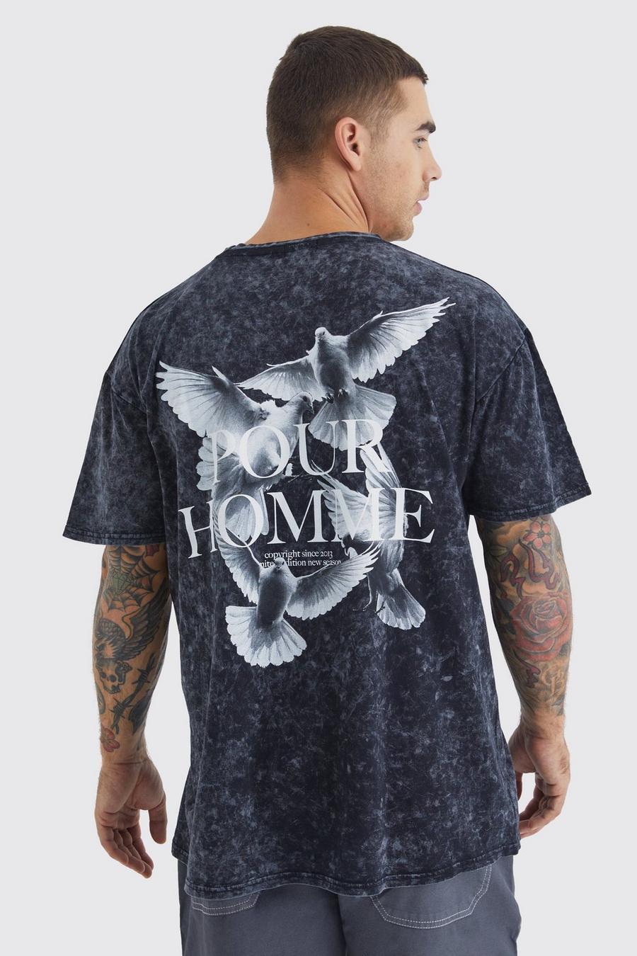 Camiseta oversize con lavado de ácido y estampado gráfico de paloma, Black