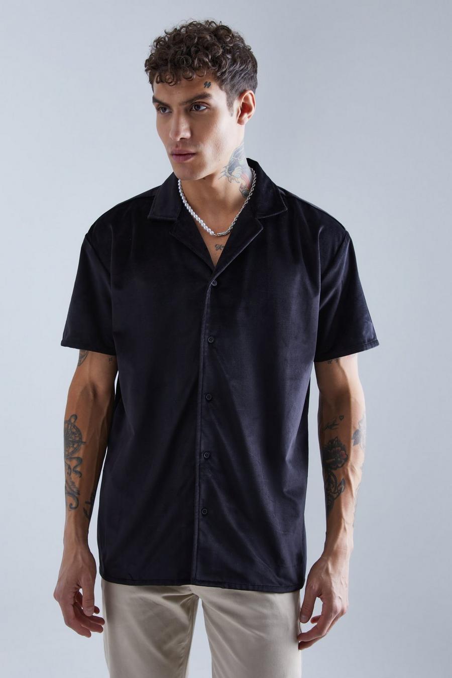 Kurzärmliges Oversize Velour-Hemd, Black