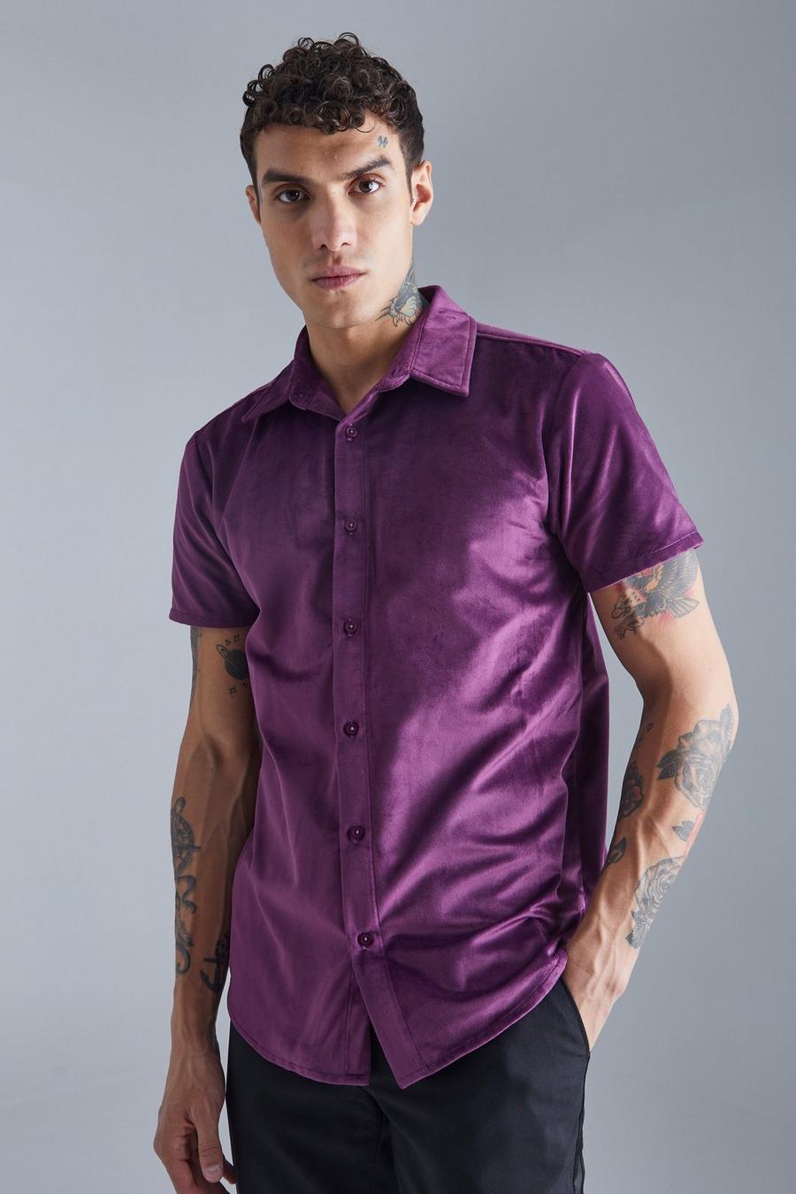 Kurzärmliges Velour-Hemd, Purple image number 1